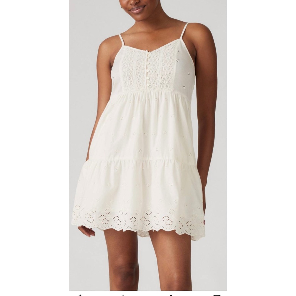 Levi's Embroidered Eyelet Tiered Mini‎ Dress Cream Strappy Button Front